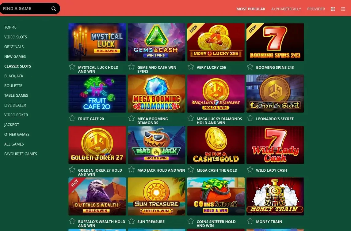 Игровой интерфейс казино Ауф